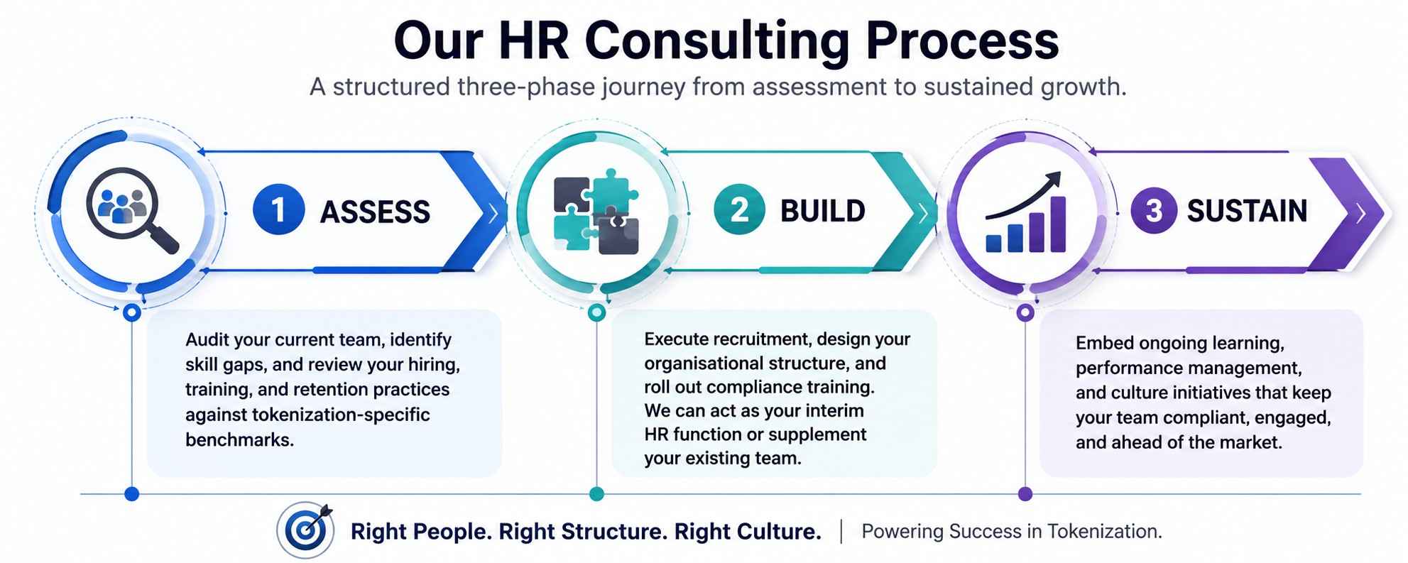 A linear process diagram showing the three HR consulting stages: Assess, Build, Sustain.
