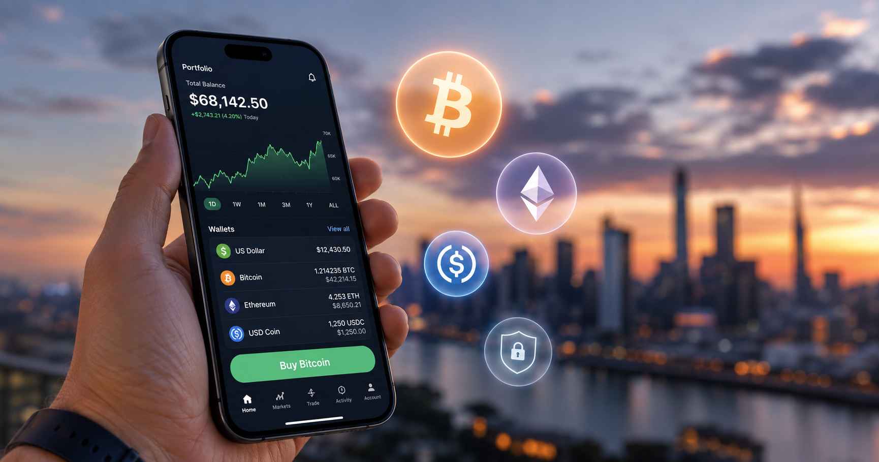 A modern smartphone displaying a 'Buy Bitcoin' interface with floating cryptocurrency icons, symbolising the easy digital purchase of coins.