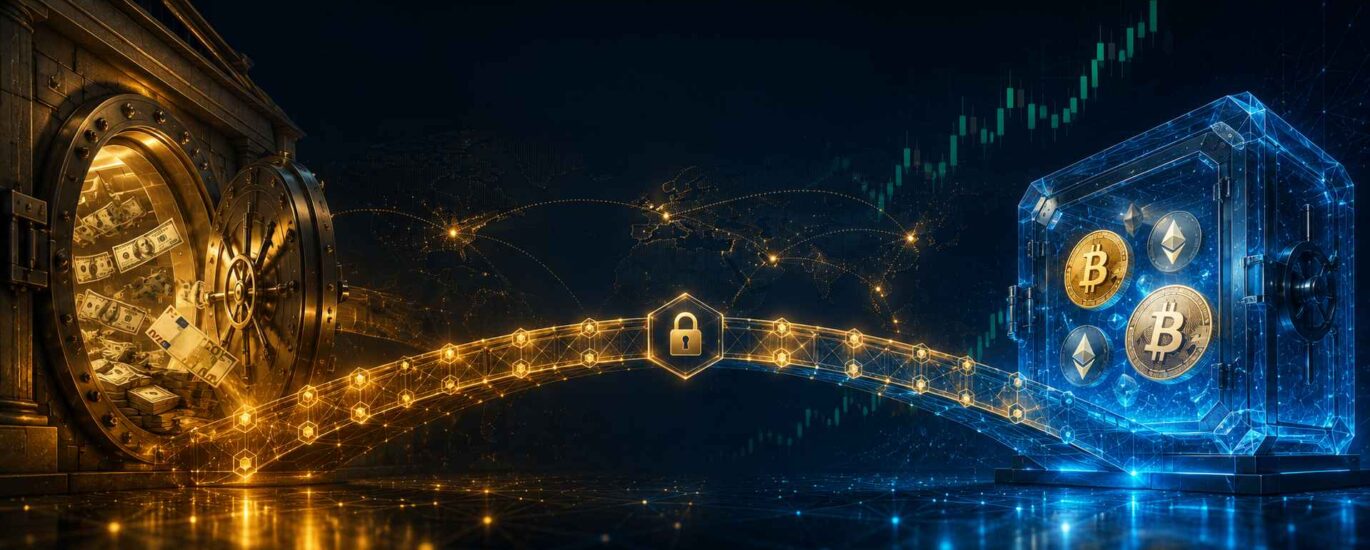 A glowing metallic bridge connecting a classical bank vault to a futuristic digital coin vault, symbolising the secure transition from fiat currency to cryptocurrency.