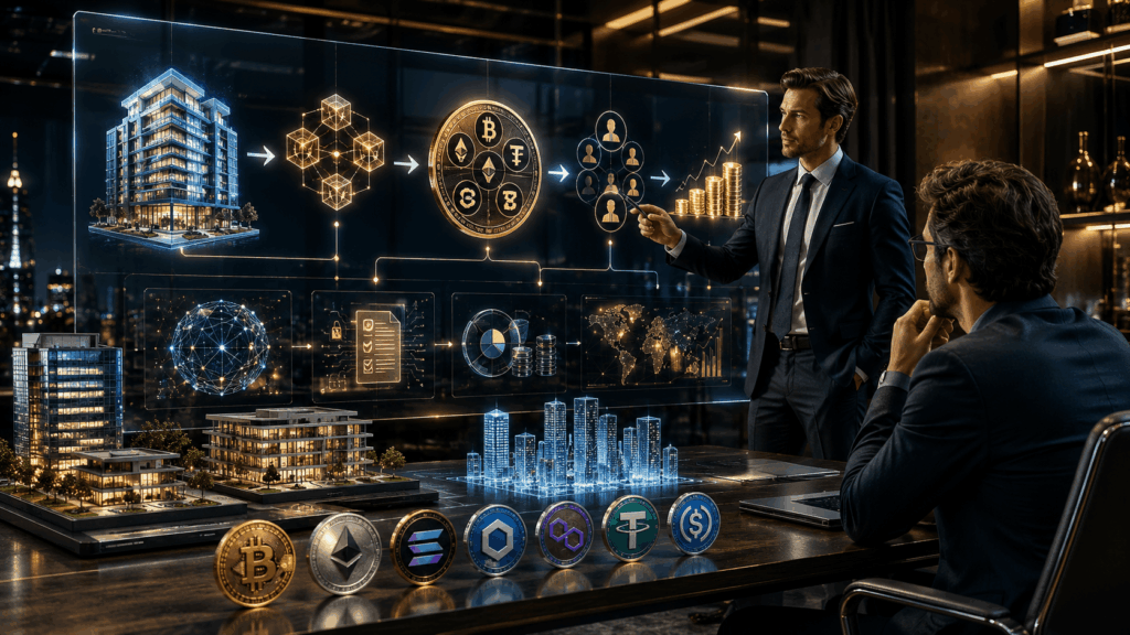 Senior blockchain consultant presenting real-world asset tokenization concepts to a client using a transparent digital board with property models, cryptocurrency coins, and blockchain analytics in a luxury office.