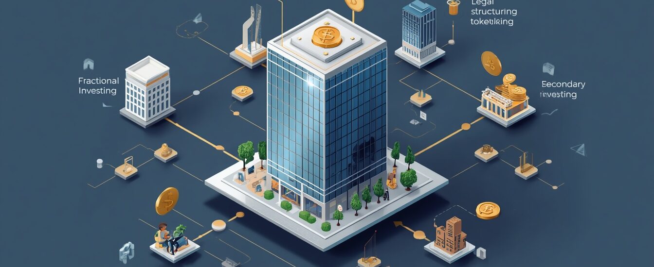 Illustration showing the real estate tokenization process, including property selection, legal structuring, blockchain tokenization, fractional investing, trading, and rental income distribution.
