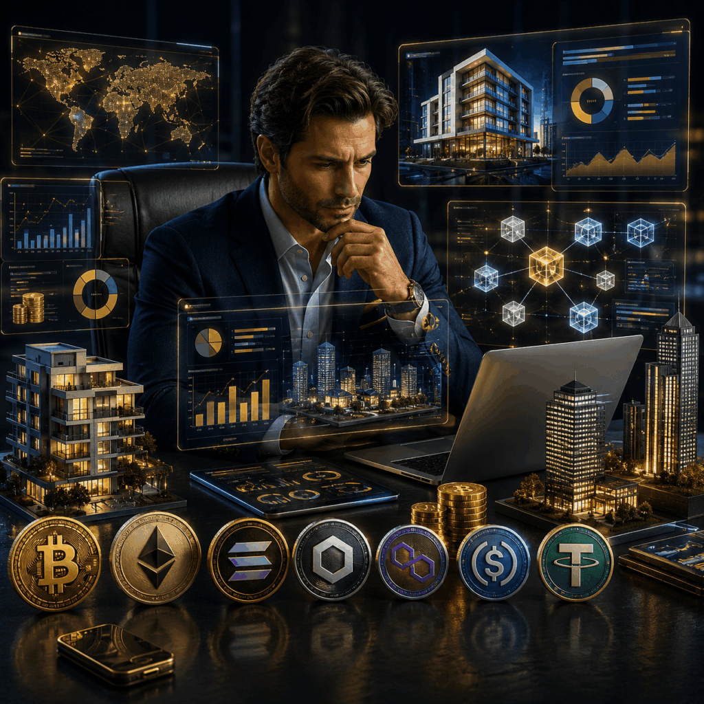 Professional investor analyzing tokenized real estate portfolios and blockchain-based real-world assets using holographic dashboards, cryptocurrency coins, and digital property analytics in a premium fintech environment.