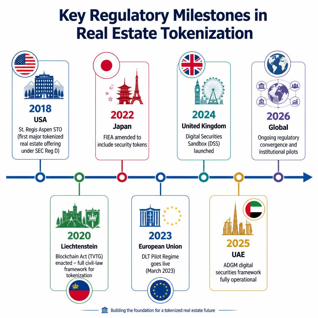 Timeline infographic showing key regulatory milestones for real estate tokenization from 2018 to 2026, including the Aspen STO, Liechtenstein TVTG, Japan FIEA amendment, EU DLT Pilot, UK DSS, and UAE ADGM framework.
