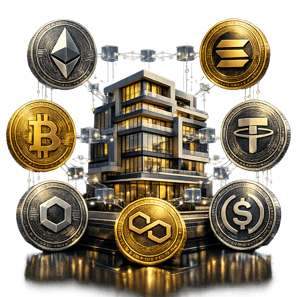Premium 3D visualization of a tokenized real estate ecosystem featuring a modern building connected to major cryptocurrencies through transparent blockchain networks, representing secure fractional property ownership and real-world asset (RWA) investing.