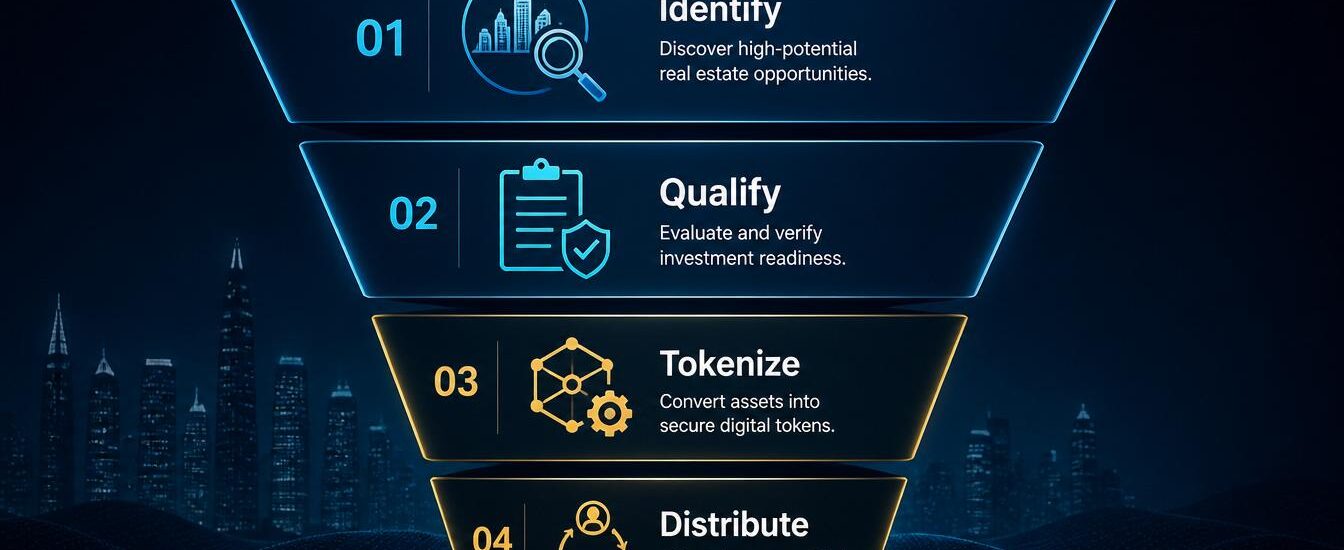 Funnel diagram showing the four stages of asset sourcing and token supply for tokenized real estate: Identify, Qualify, Tokenize, Distribute.