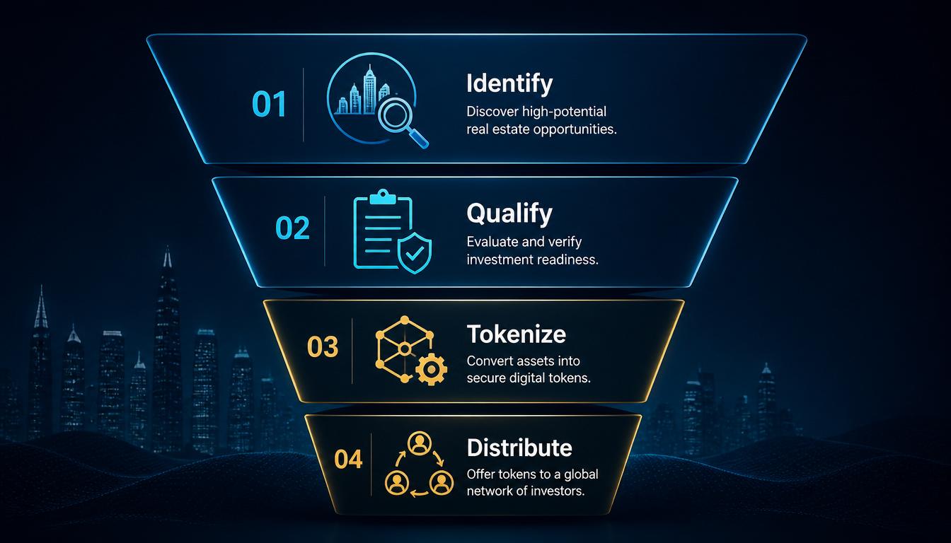 Funnel diagram showing the four stages of asset sourcing and token supply for tokenized real estate: Identify, Qualify, Tokenize, Distribute.