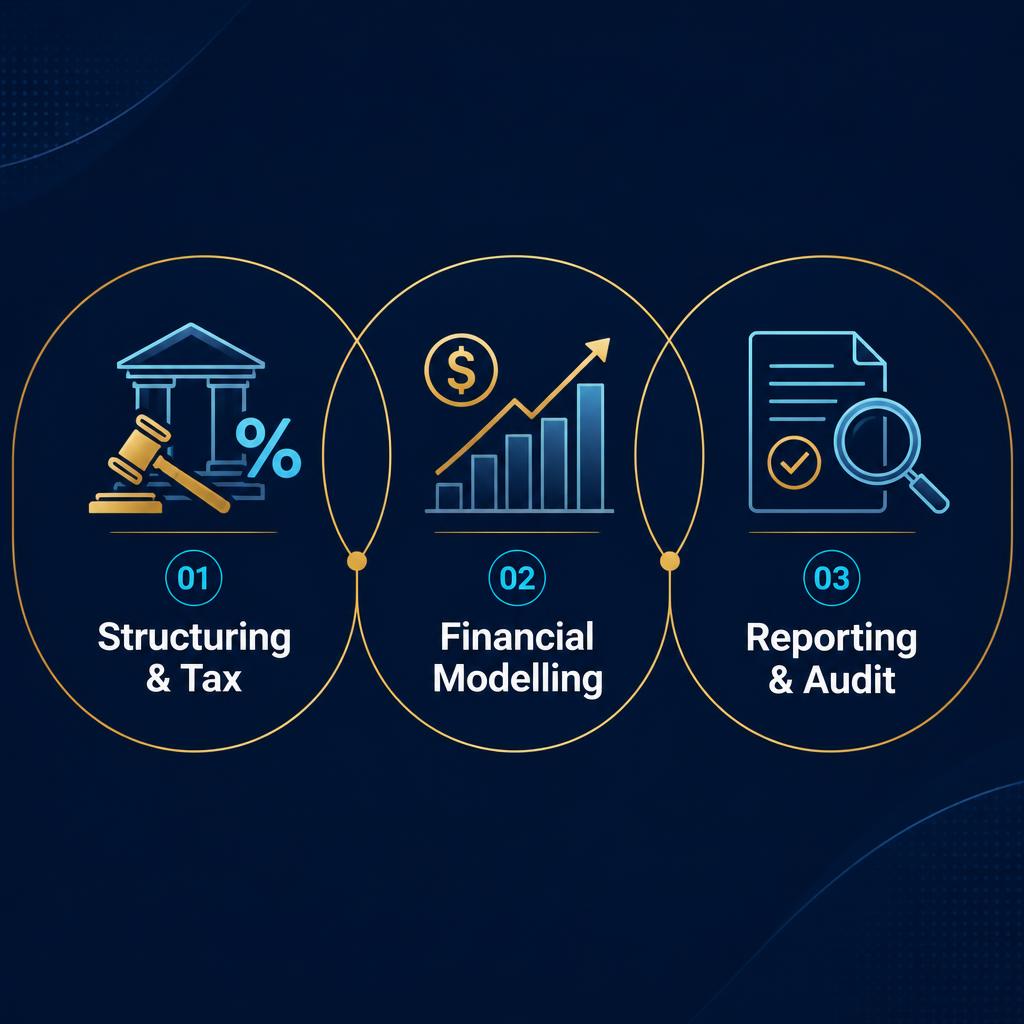 Infographic showing the three core pillars of finance advisory for tokenized real estate: Structuring, Modelling, and Reporting.