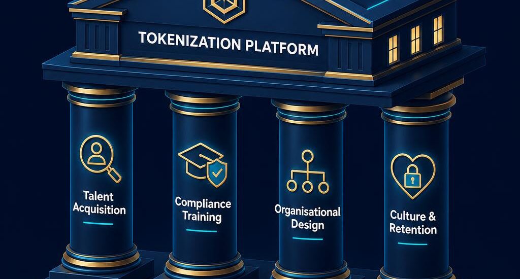 Four pillars illustration representing Talent Acquisition, Compliance Training, Organisational Design, and Culture for tokenized real estate HR.