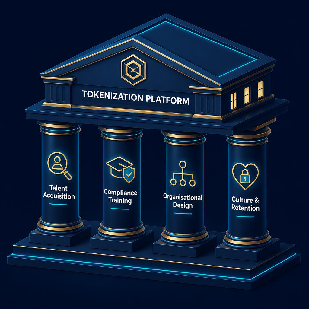 Four pillars illustration representing Talent Acquisition, Compliance Training, Organisational Design, and Culture for tokenized real estate HR.
