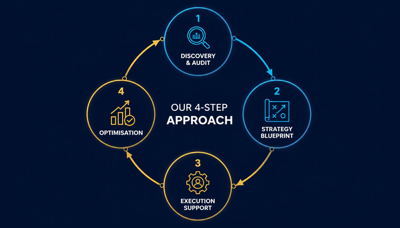 A circular infographic showing the four-step marketing consulting process: Discovery, Strategy, Execution, and Optimisation.
