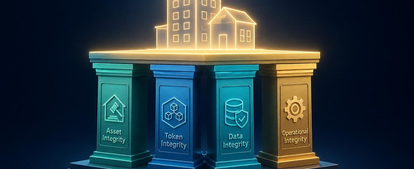Four‑pillar illustration representing Asset Integrity, Token Integrity, Data Integrity, and Operational Integrity for tokenized real estate quality management.