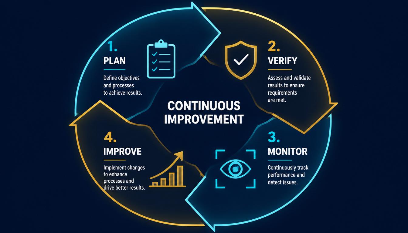A circular infographic showing the continuous quality management cycle: Plan, Verify, Monitor, Improve.