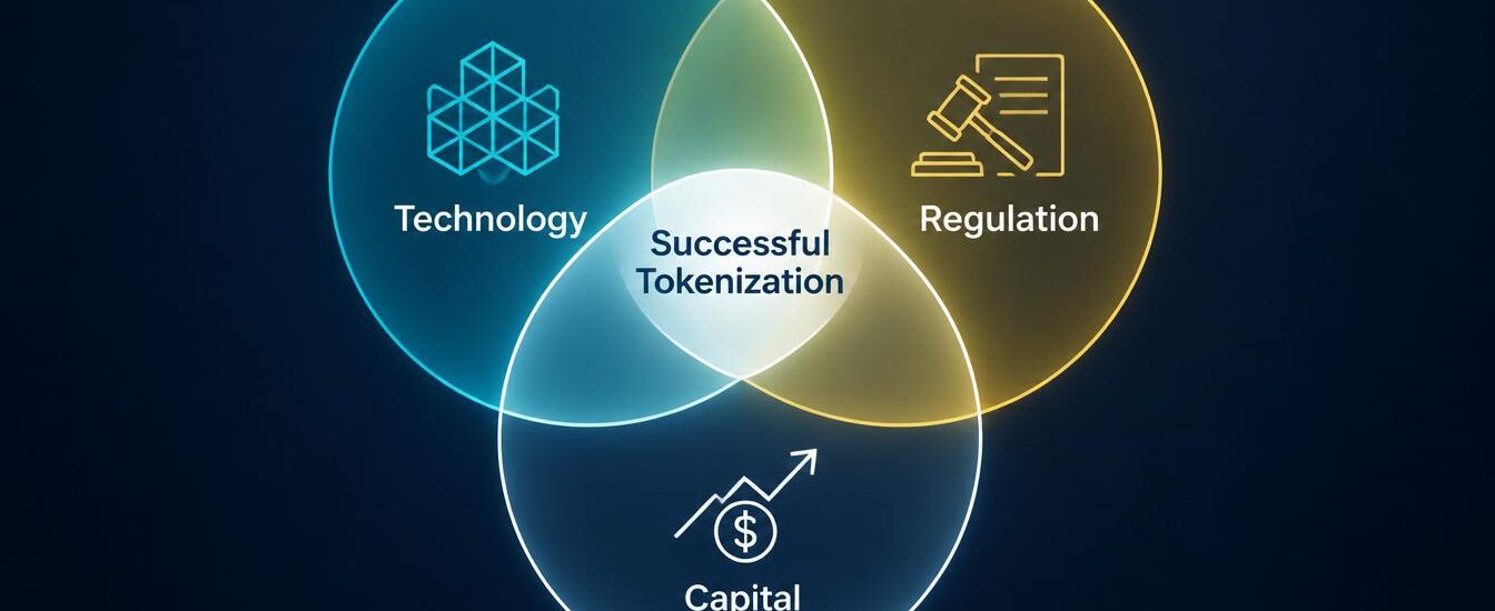 Venn diagram showing the three core domains of RWA advisory for tokenized real estate: Technology, Regulation, and Capital, with the intersection labeled 'Successful Tokenization'.