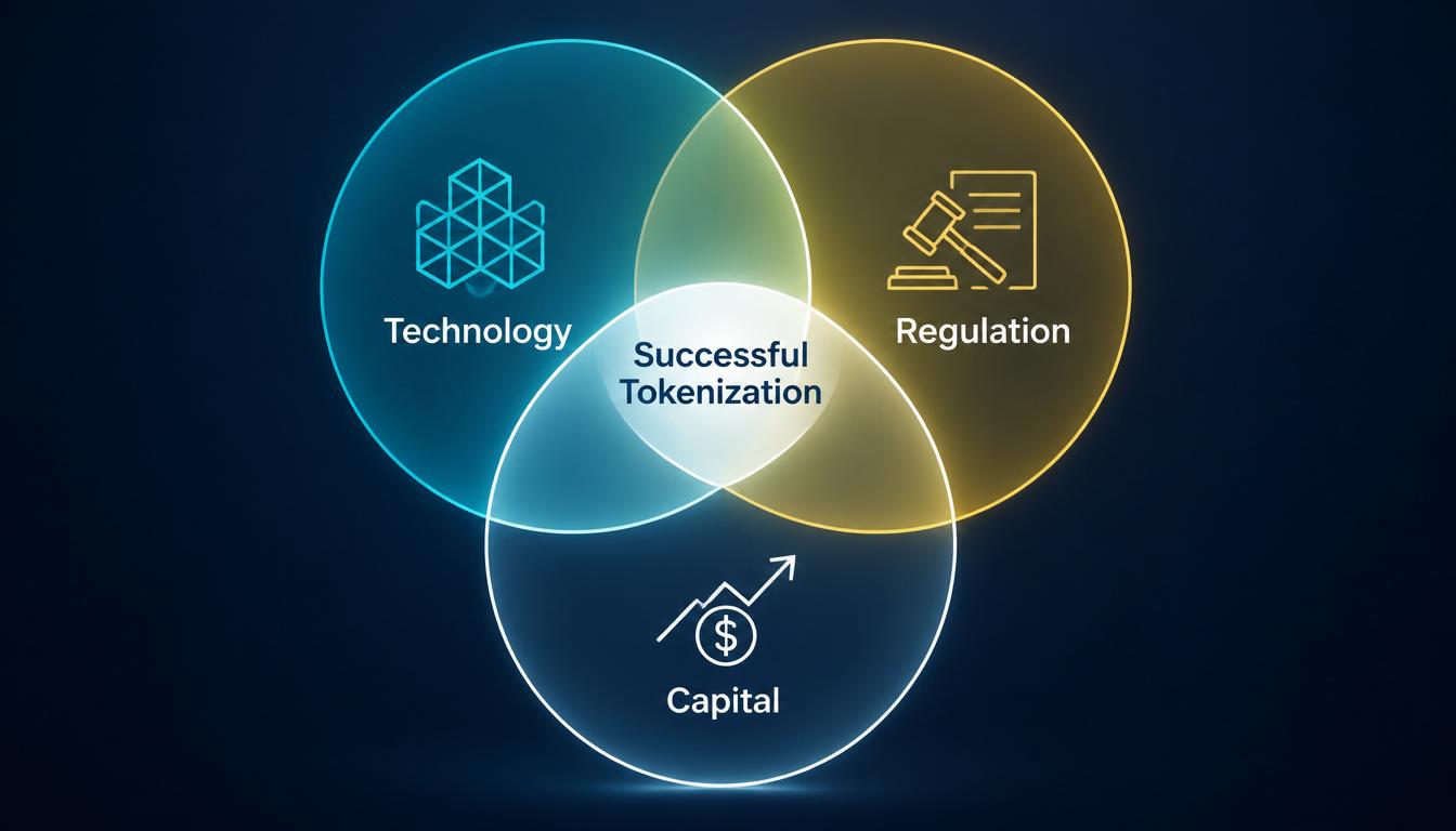 Venn diagram showing the three core domains of RWA advisory for tokenized real estate: Technology, Regulation, and Capital, with the intersection labeled 'Successful Tokenization'.