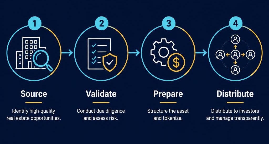 Horizontal pipeline infographic showing the four stages of supply optimization for tokenized real estate: Source, Validate, Prepare, and Distribute.